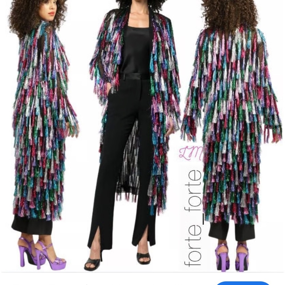 Women’s metallic Fringe Duster Cardigan Boho Festival Statement Open Front